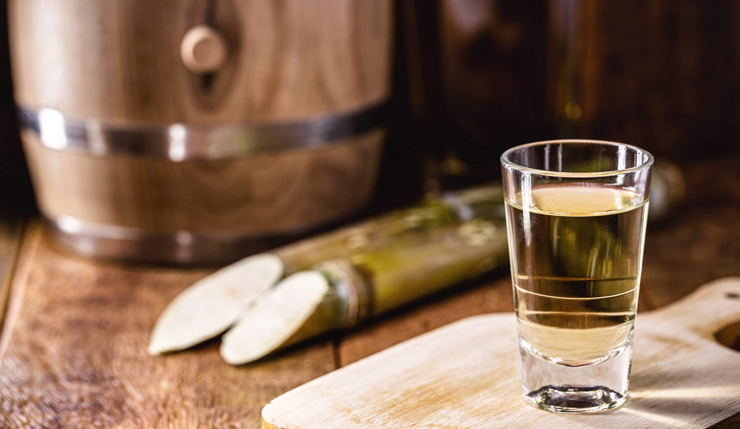 Copo de cachaça artesanal ao lado de cana-de-açúcar e tonel de madeira